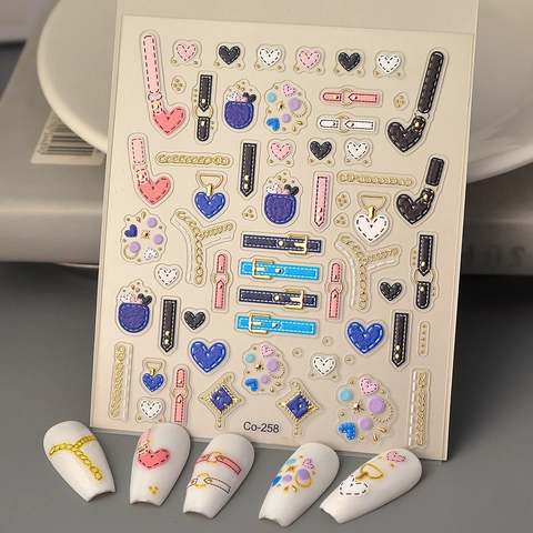 Adesivi Per Nail Art 5D In Rilievo Punk Bronzato Catena Cuore Cerniera Cintura Modello DIY Decorazione Per Manicure