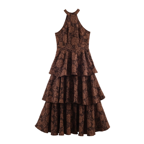 Abito Maxi Con Scollo All'americana Da Donna Jacquard Floreale Gonna A Torta A Balze Retro Elegante Senza Maniche Schiena Scoperta