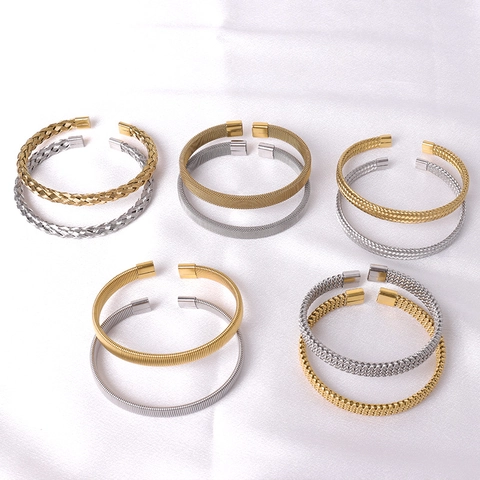 Stainless Steel Woven Open Bangle For Women Gold Silver Plated Mesh Twisted Cuff Bracelet High End Minimalist Fashion Hand Jewelry