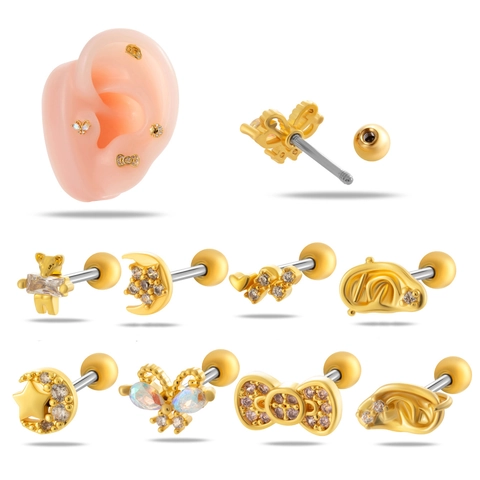 Ear Cartilage Stud Piercing Jewelry Copper Inlaid Zircon Stainless Steel Bar Butterfly Moon Star Bow Tiny Dainty Elegant For Women