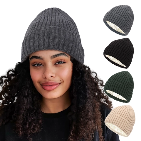 Knitted Beanie Hat With Satin Lining Ribbed Winter Warm Anti Static Hair Protection For Adult And Kids