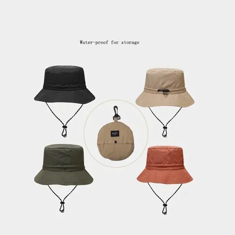 Outdoor Bucket Hat Waterproof Quick Dry Packable Sun Protection Wide Brim Fishing Hiking Cap Adjustable Windproof Rope