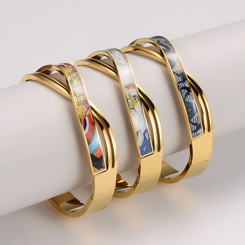 Crossover Bangle Bracelet 304 Stainless Steel Colorful Enamel Gold Plated Hinged Jewelry For Women