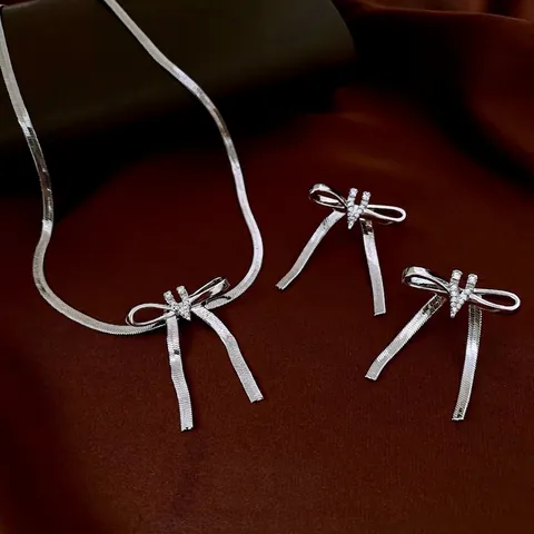 Bow Knot Pendant Necklace And Tassel Earrings Copper Zircon Snake Bone Chain Jewelry Elegant Silver Earring Post