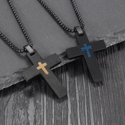Collier Pendentif Double Croix En Acier Inoxydable Homme Noir Or Bleu Bijoux De Mode Religieux