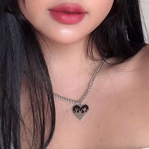 Stainless Steel Heart Pendant Necklace Flame Yin Yang Thorns Drip Oil Hip Hop Streetwear Jewelry Unisex