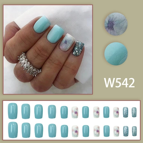 Blue Floral Glitter Press On Nails Short Square Artificial Fake Nails Full Cover Manicure