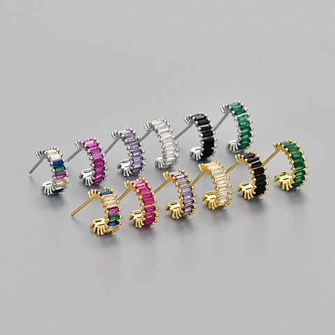 Baguette Schliff Bunte Zirkon Creolen Geometrischer Funkelnder Kupferschmuck Mit Silbernem Ohrstecker Für Damen