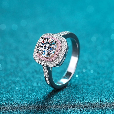 Bague Moissanite En Argent Sterling 925 Double Halo Carré Zirconium Cubique Rose Blanc Rond Bijoux De Luxe Pour Femmes