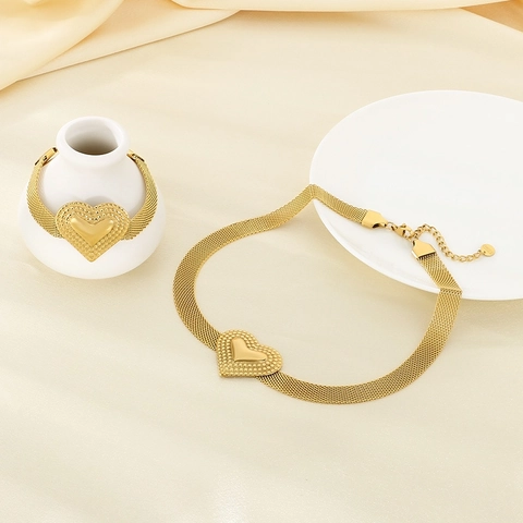 Herzanhänger Halskette Und Armband Vergoldet Edelstahl Gewebte Maschenkette Trendiger Modeschmuck Für Damen