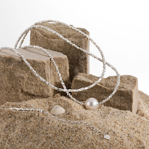 925 Sterling Silver Irregular Silver Nugget Chain Necklace With Round Artificial Pearl Pendant Elegant Minimalist Choker