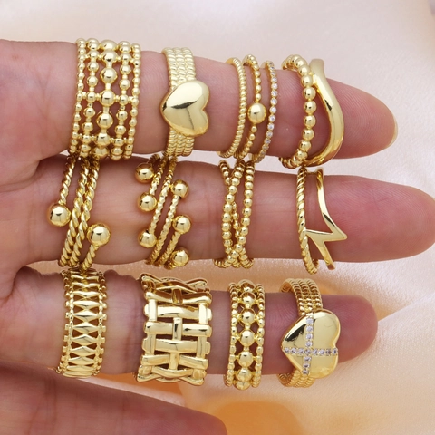 Kupfer 18K Vergoldet Zirkonia Herz Offen Verstellbar Ring Mode Geometrisch Gewebt Perle Finger Schmuck Für Damen Persönlichkeit Einfach
