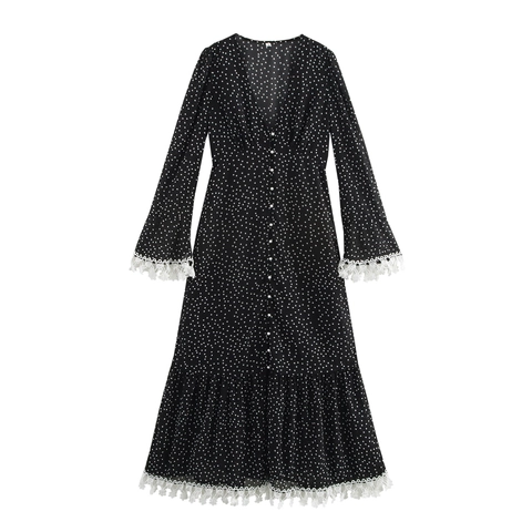 Elegante Polka Dot Maxi Jurk Dames V Hals Lange Mouwen Polyester Chiffon Kant Kunstparelknopen Franse Retro Stijl Slim