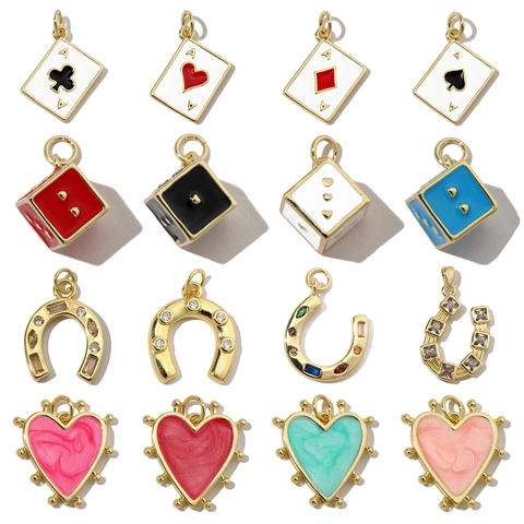 Heart Dice Poker Card Ace Horseshoe Charms Pendants Copper Enamel Zircon For DIY Jewelry Making Accessories
