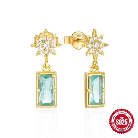 Star Drop Earrings 925 Sterling Silver Octagram Emerald Cut Cubic Zirconia Geometric Dangle Elegant Jewelry For Women