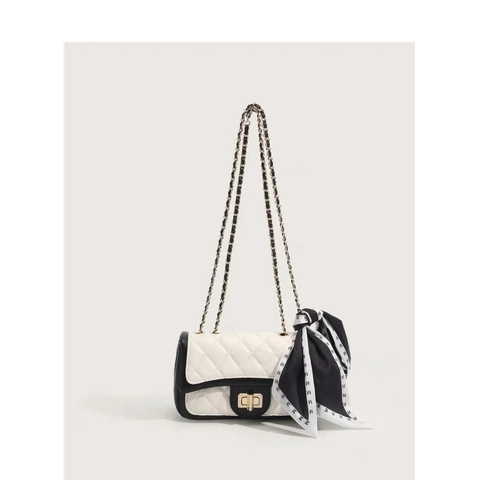 Women Quilted Crossbody Bag PU Leather Contrast Color Chain Strap Elegant Shoulder Bag With Scarf Decor