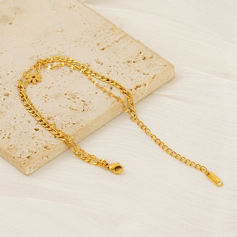 Double Layer Anklet 18K Gold Plated Titanium Steel Flower Pendant Figaro Cuban Chain Fashion Jewelry For Women