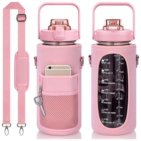 Large Capacity Sport Water Bottle Neoprene Sleeve Storage Pocket Adjustable Shoulder Strap Tritan Motivational Time Marker