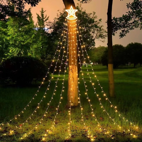 Guirlande Luces LED Estrella Cascada Impermeable Copa Árbol Navidad Luces Hadas Decoración Jardín Exterior Patio Luz Colgante