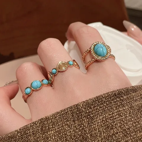 Anillo Abierto Turquesa Latón Bañado En Oro Gema Redonda Bohemio Retro Étnico Ajustable Joyería De Dedo Para Mujer