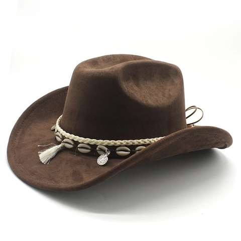 Chapeau De Cowboy Occidental Suédine Feutre Large Bord Style Ethnique Coquillage Gland Décor Chapeau De Soleil Extérieur Femmes Hommes