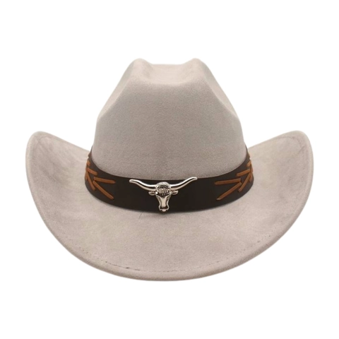 Western Cowboy Hat Suede Wide Brim With Bull Head Metal Decor Vintage Jazz Fedora For Outdoor Travel