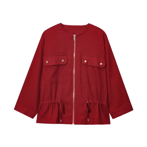 Women Sophisticated Casual Safari Jacket Polyester Linen Blend Zipper Pocket Drawstring Waist Long Sleeve Coat For Daily Commute