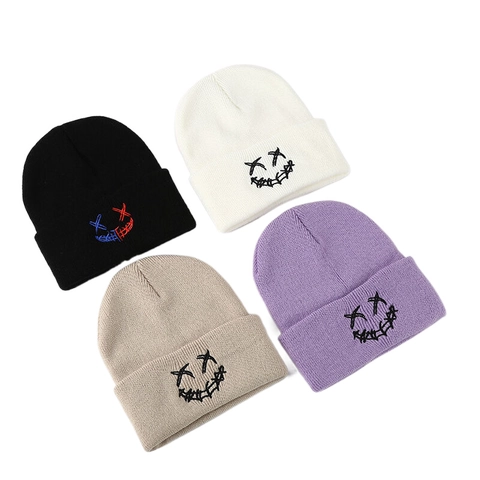 Knitted Beanie Hat Acrylic Winter Warm Fold Over Cuff Streetwear Hip Hop Smiley Face Embroidery Unisex Punk Style Cap