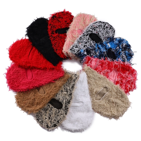 Plüsch Sturmhaube Gesichtsmaske Kunstpelz Strick Skimaske Distressed Fransen Einloch Thermisch Winddicht Winter Outdoor Unisex