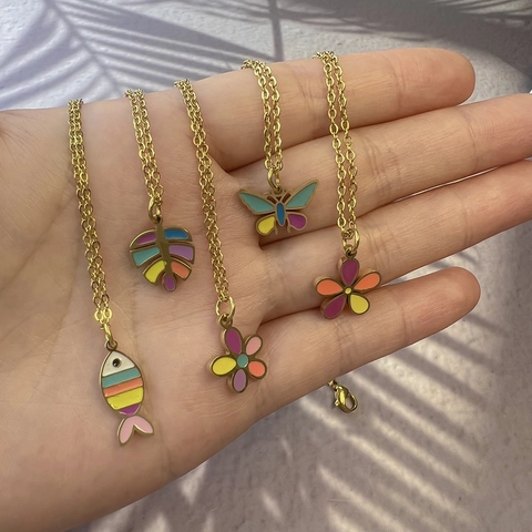 Collar Colgante Acero Inoxidable Esmalte Colorido Mariposa Flor Hoja Pez Monstera Encanto Simple Dulce Mujeres