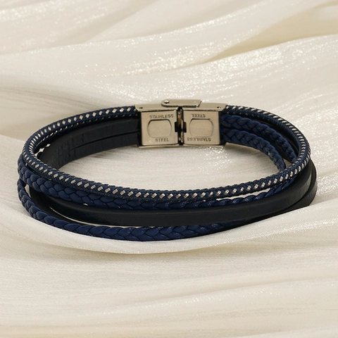 Herren Mehrlagiges Geflochtenes Armband Mit Edelstahl Magnetverschluss Leder Faserseil Retro Punk Stil Marineblau