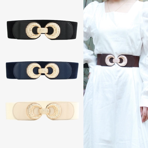 Women Wide Elastic Corset Belt Vintage Elegant Gold Textured Buckle Solid Color Stretchy Waistband For Dresses Coats Office Party