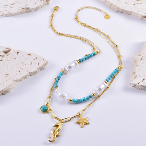 Women's Titanium Steel Double Layer Necklace With Artificial Pearl Turquoise Starfish Seahorse Pendant Ocean Style Jewelry