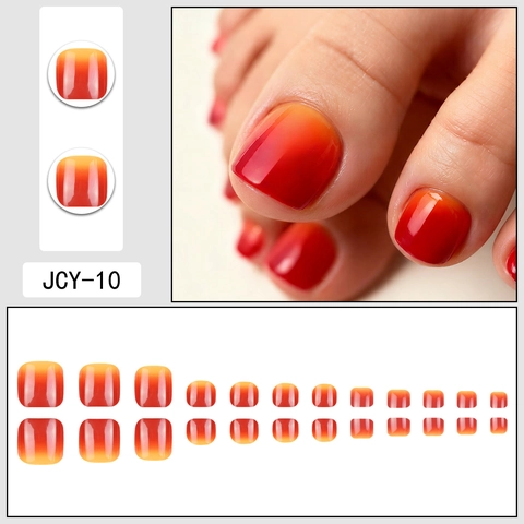 Farbverlauf Rot Kurz Künstliche Zehennägel Glänzend Orange Sonnenuntergang Falsche Fußnägel Für Frauen Dekoration Elegant