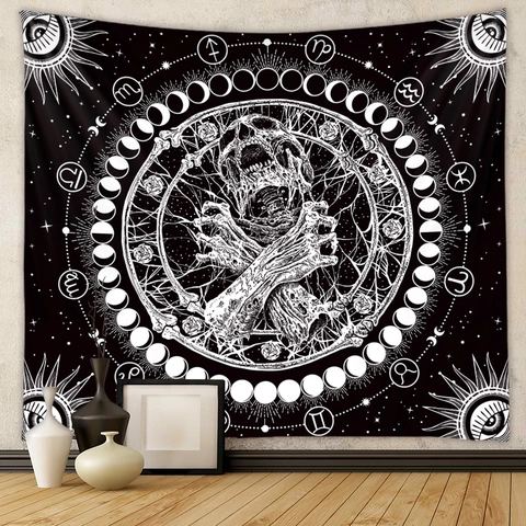 Arazzo Teschio Da Parete Gotico Tessuto Poliestere Fasi Lunari Zodiaco Stile Mistero Per Soggiorno Camera Da Letto Arredo