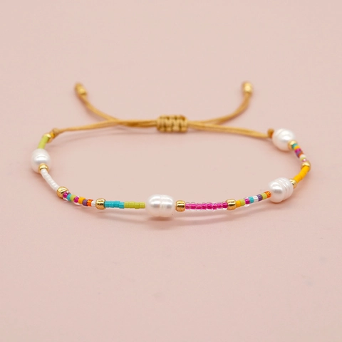 Handmade Bohemian Colorful Seed Beads Freshwater Pearl Adjustable Braided Rope Bracelet For Women Fashion Jewelry Gift