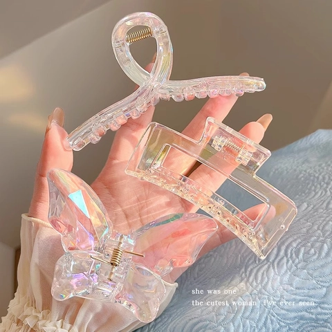Large Acrylic Hair Claw Clips Holographic Iridescent Transparent Geometric Shark Clips For Women Korean Style