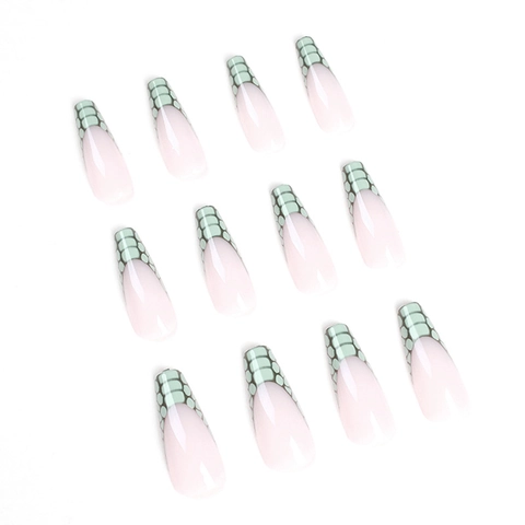 Coffin Press On Nails Long French Tip Green Crocodile Texture Snake Skin Print False Fingernails For Women Manicure