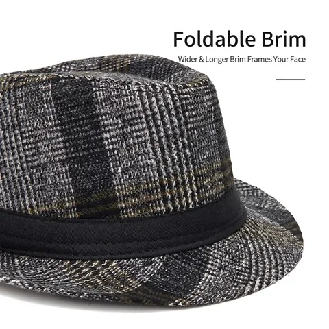Mens Fedora Hat Cotton Polyester Blend Retro British Plaid Checked Adjustable Foldable Autumn Winter Outdoor Jazz Cap