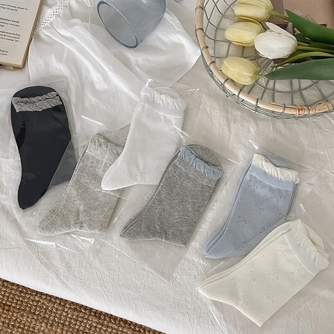Damen Mittelhohe Socken Baumwolle Schleife Rüschensaum Japanischer Süßer Stil Atmungsaktiv Weich Elastisch Crew Socken