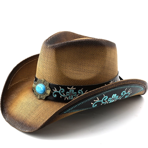 Western Cowboy Hat Woven Straw Style Sun Hat With Turquoise Floral Embroidery Wide Brim Bohemian For Men Women