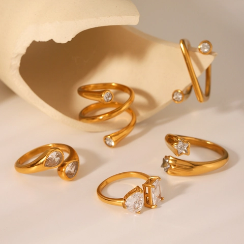 Geometric Zirconia Ring 18K Gold Plated Stainless Steel Adjustable Opening High Quality Trendy Jewelry For Women