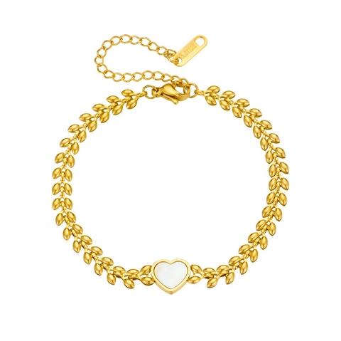 Pulsera De Nácar Corazón Redondo Acero Inoxidable Cadena Espiga Hoja Chapado En Oro Joyería Elegante Para Mujer