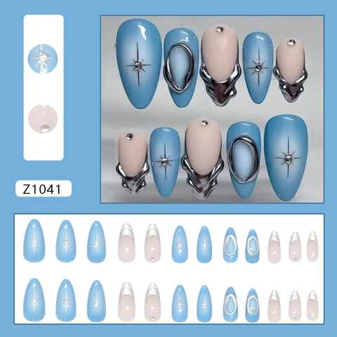 Faux Ongles 3D Étoile Argent Métallique Style Français Dégradé Bleu Rose Forme Amande Strass Glamour