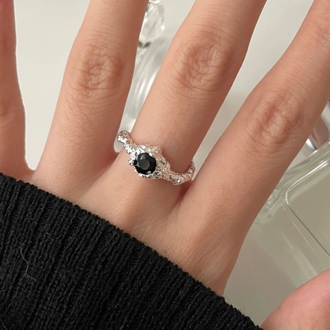 925 Sterling Silver Ring For Women Black Zircon Round Gemstone Irregular Lava Texture Open Adjustable Gothic Minimalist
