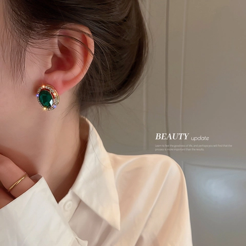 Ovale Smaragdgrüne Strass Ohrstecker Mit 925 Sterling Silver Earring Post Französischer Retro Palaststil Für Damen