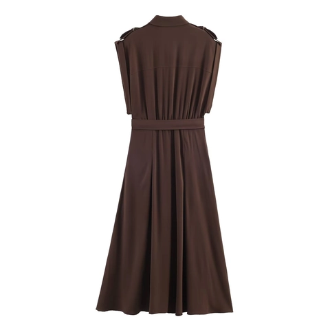 Vestido Midi Camisero Sin Mangas De Poliéster Con Cinturón Y Hombreras Color Marrón Oscuro Solapa Con Botones Estilo Safari Mujer