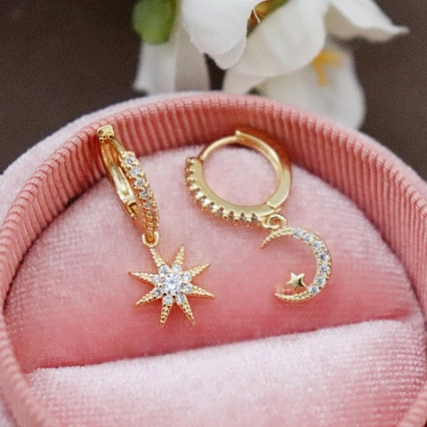 Asymmetric Star And Moon Copper Zircon Hoop Earrings With 925 Sterling Silver Earring Post For Women Fashion Jewelry