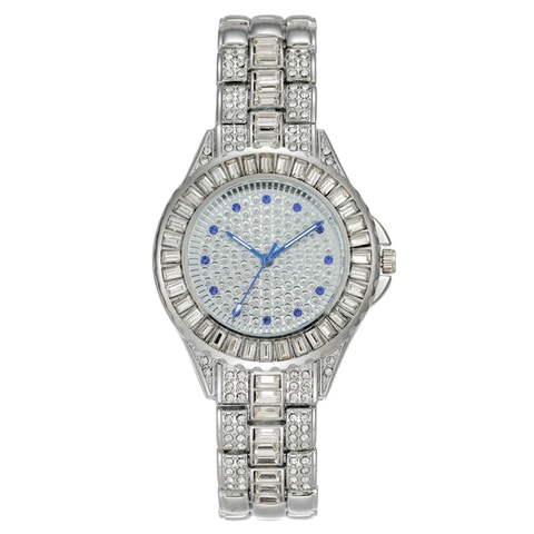 Luxus Damenarmbanduhr mit Strassbesatz Mode Legierung Metallarmband Quarzuhr Silber Gold Bicolor Glänzende Uhr für Damen
