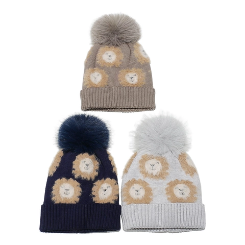 Kids Knitted Beanie Hat Acrylic Warm Winter Lion Animal Pattern Large Pom Pom Cute Outdoor For Boys Girls